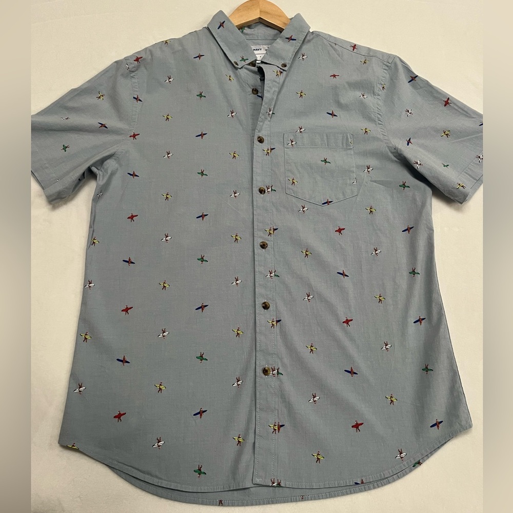 Old Navy Men's Blue Surfer Patterned Button-Down Slim Fit Shirt L Short Sleeve